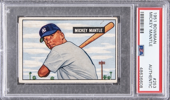 1951 Bowman #253 Mickey Mantle Rookie Card – PSA Authentic